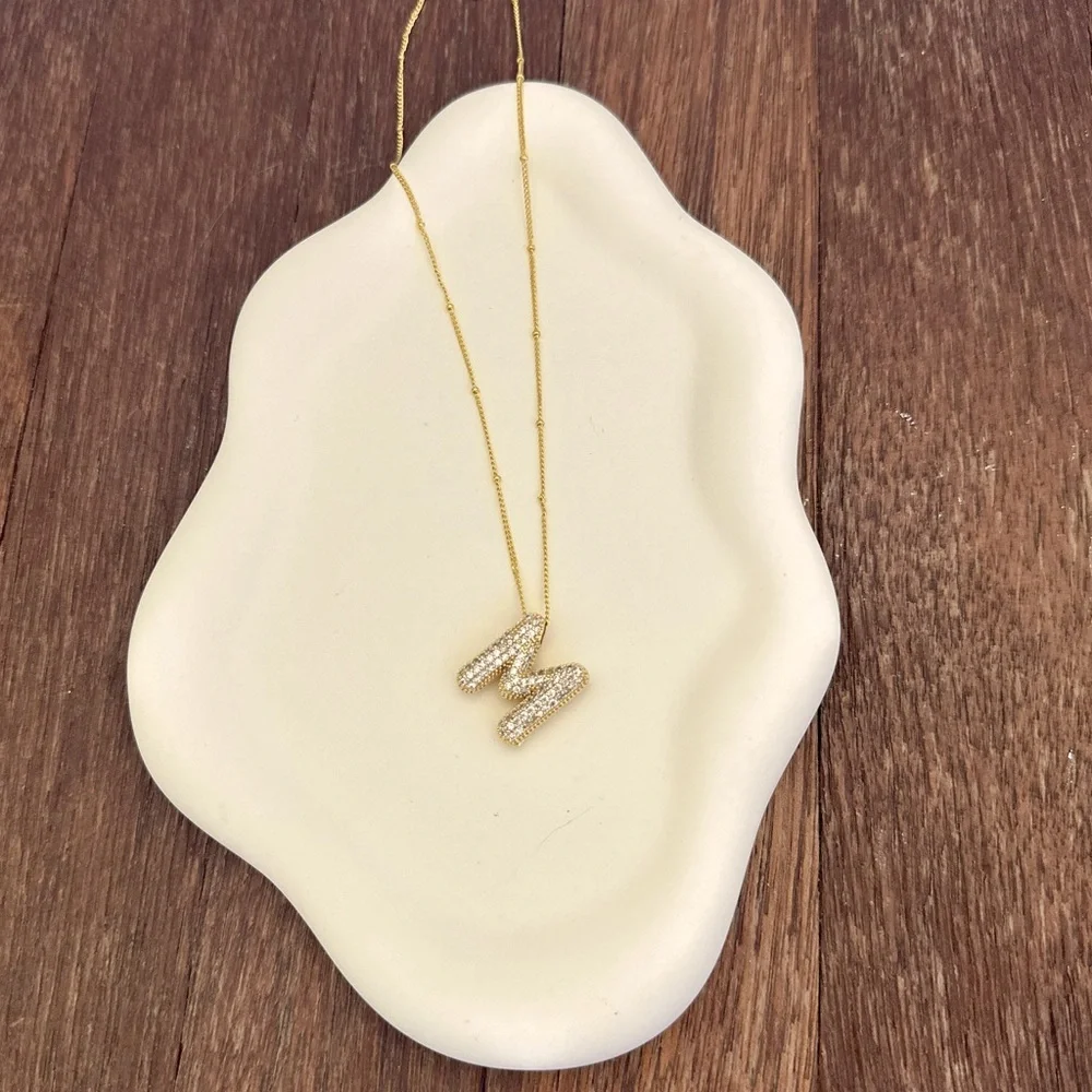 Gold Bubble Letter M Necklace CZ Initial Pendant Gold Tone Layering Necklace